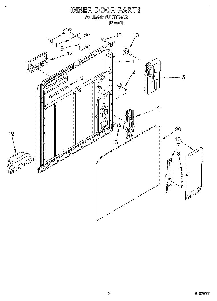 INNER DOOR Diagram and Parts List for DU1000CGT2  Whirlpool Dishwasher