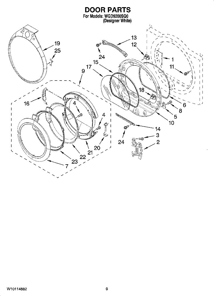 DOOR PARTS, OPTIONAL PARTS (NOT INCLUDED) Diagram and Parts List for WGD9200SQ0  Whirlpool Dryer