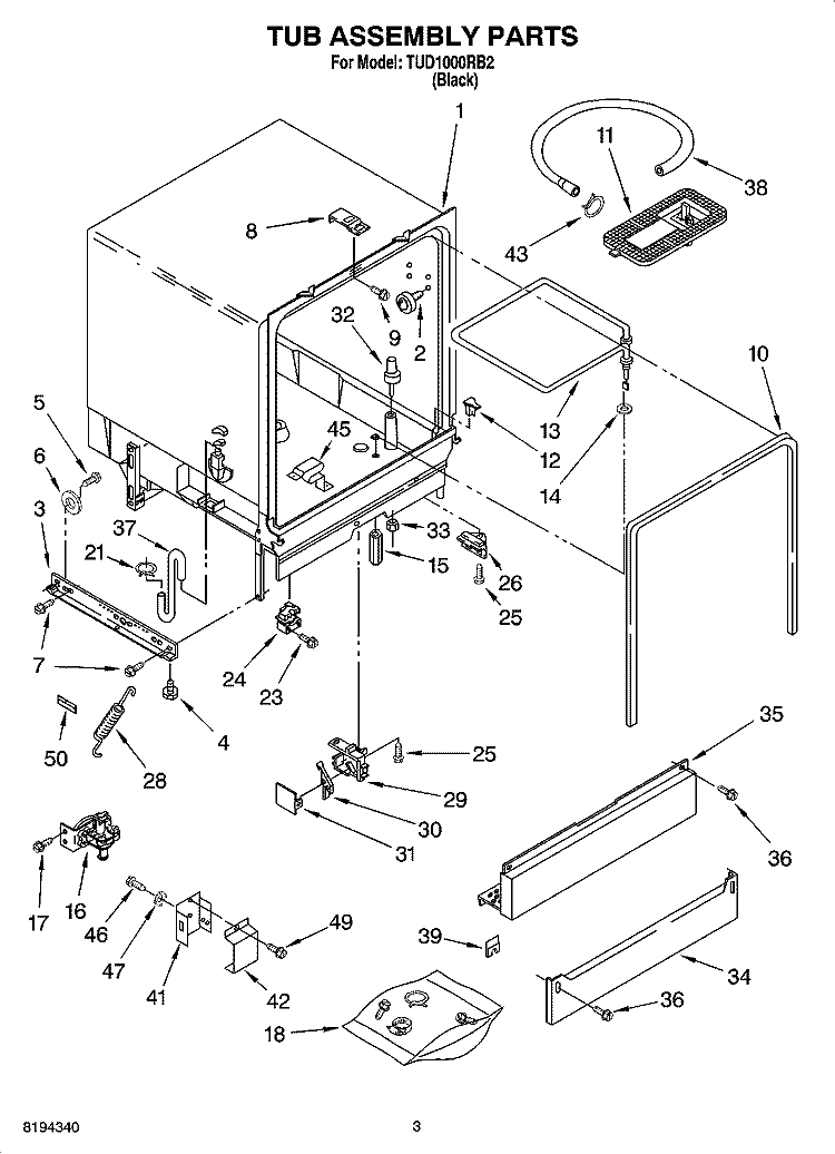 TUB ASSEMBLY PARTS Diagram and Parts List for TUD1000RB2  Estate Dishwasher