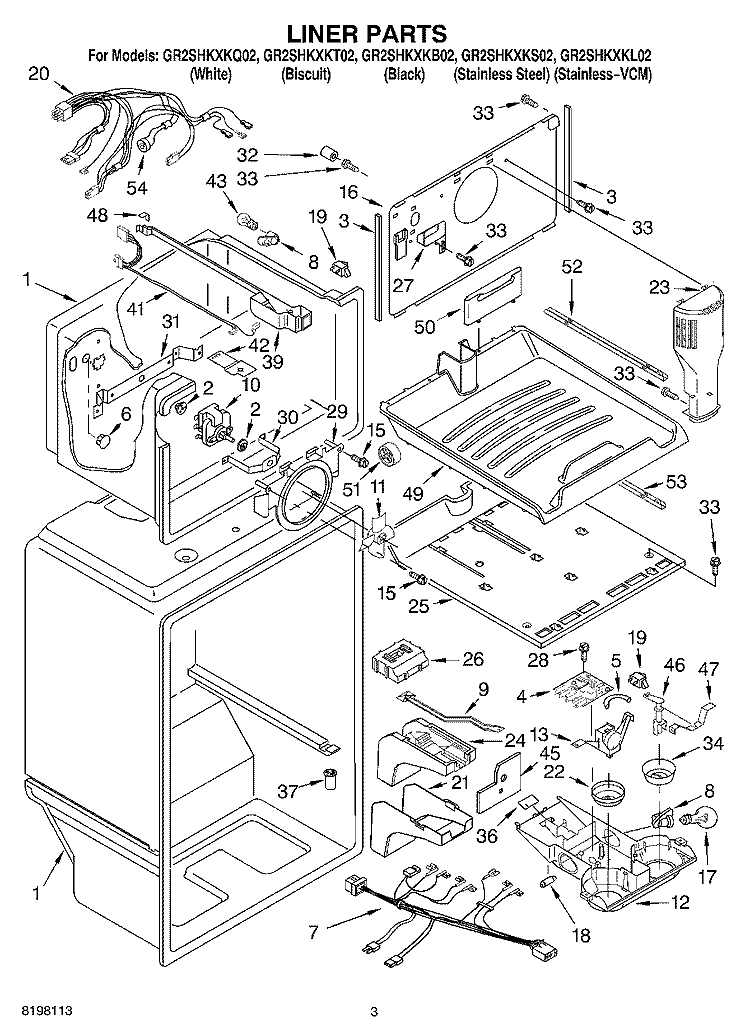 LINER Diagram and Parts List for GR2SHKXKT02  Whirlpool Refrigerator