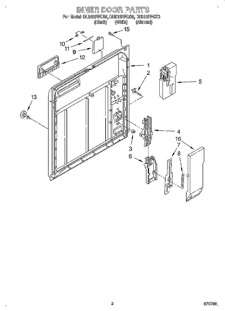 INNER DOOR Diagram and Parts List for DU912PFGQ0  Whirlpool Dishwasher