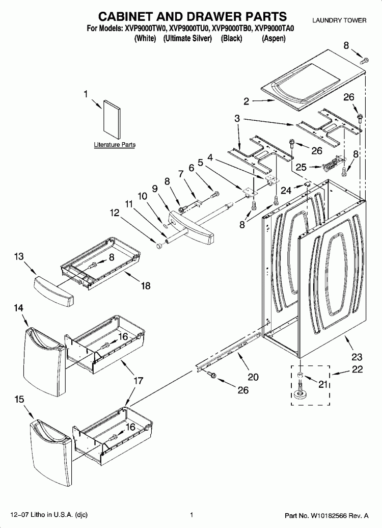 CABINET AND DRAWER PARTS Diagram and Parts List for XVP9000TA0  Whirlpool Washer
