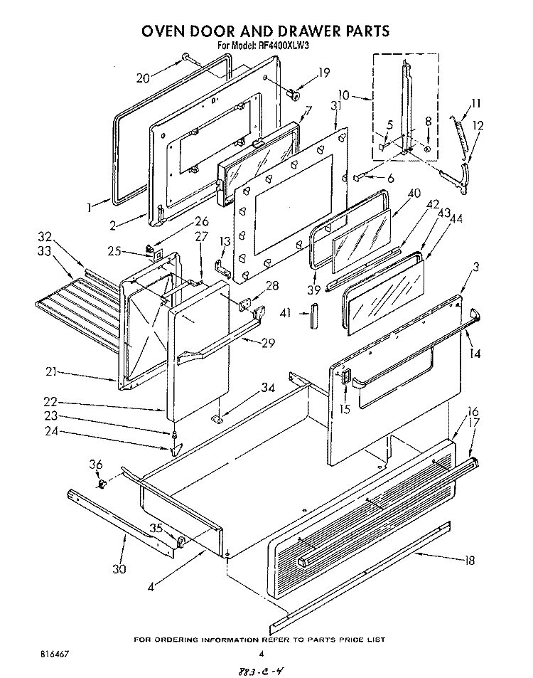 OVEN DOOR AND DRAWER Diagram and Parts List for RF4400XLW3  Whirlpool Range