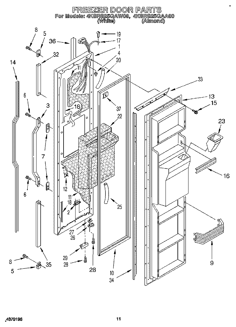 FREEZER DOOR Diagram and Parts List for 4KSRS25QAW00  KitchenAid Refrigerator