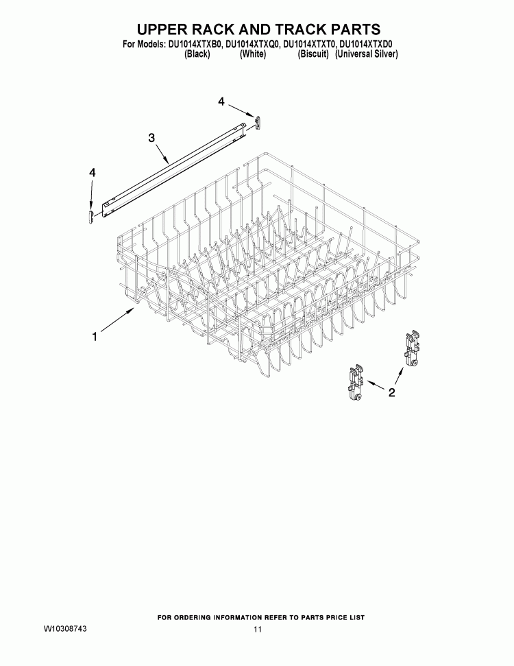 UPPER RACK AND TRACK PARTS Diagram and Parts List for DU1014XTXB0  Whirlpool Dishwasher