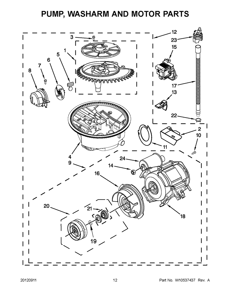 PUMP, WASHARM AND MOTOR PARTS Diagram and Parts List for KUDS30FBSS0  KitchenAid Dishwasher