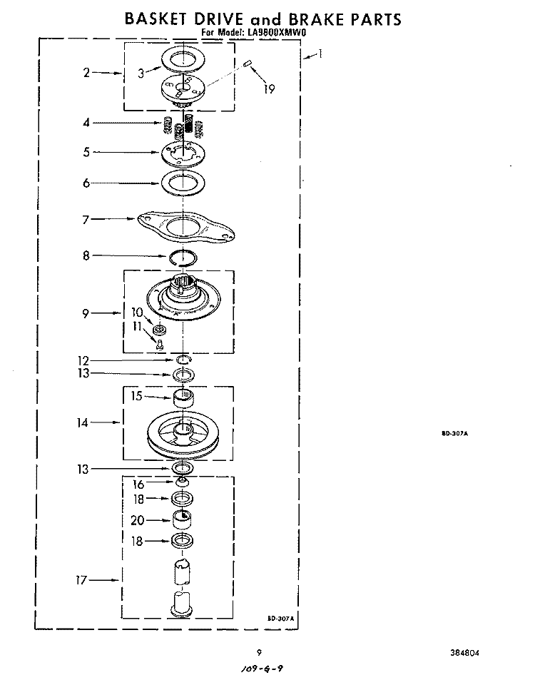 BASKET DRIVE AND BREAK Diagram and Parts List for LA9800XMW0  Whirlpool Washer