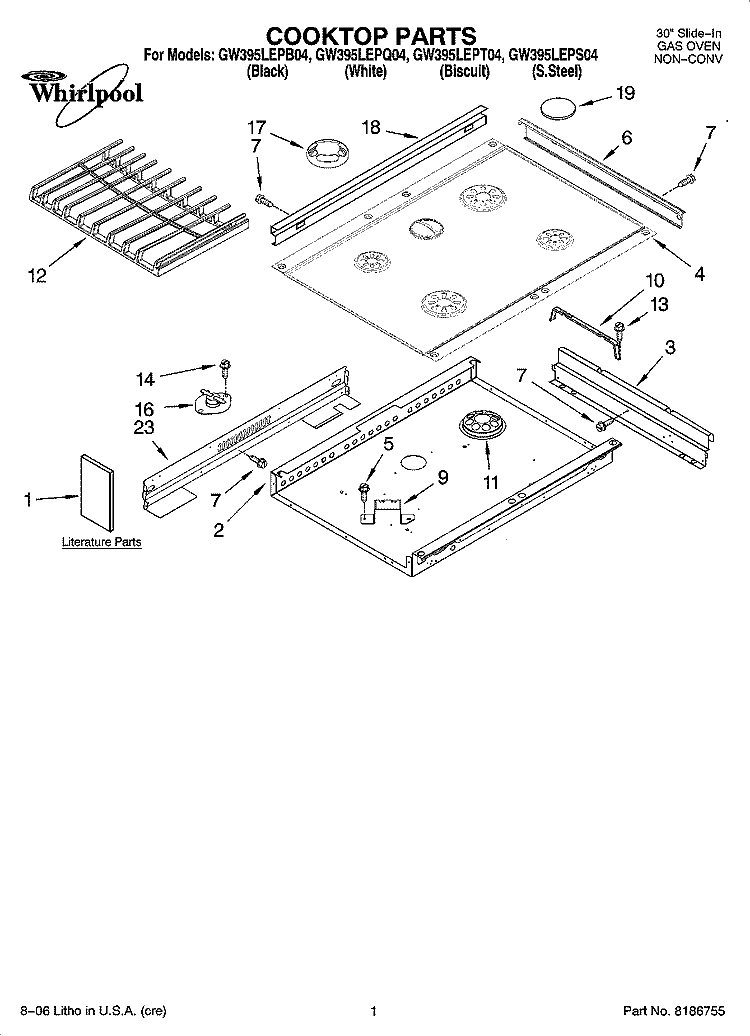 COOKTOP PARTS Diagram and Parts List for GW395LEPS04  Whirlpool Range