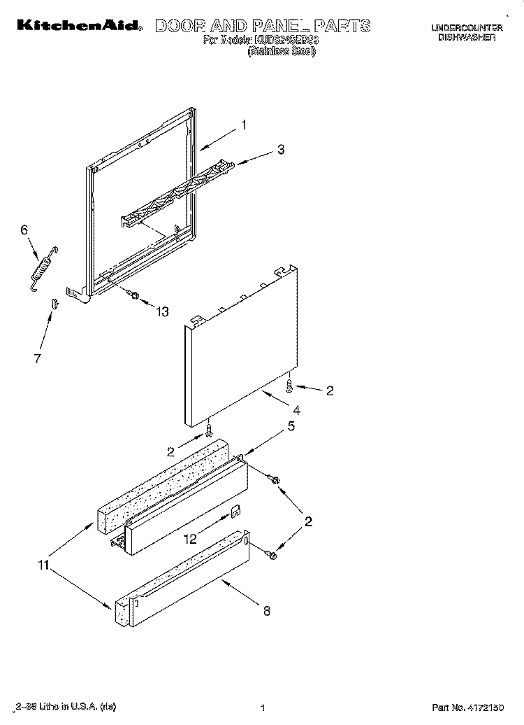 DOOR AND PANEL Diagram and Parts List for KUDS24SEBS3  KitchenAid Dishwasher