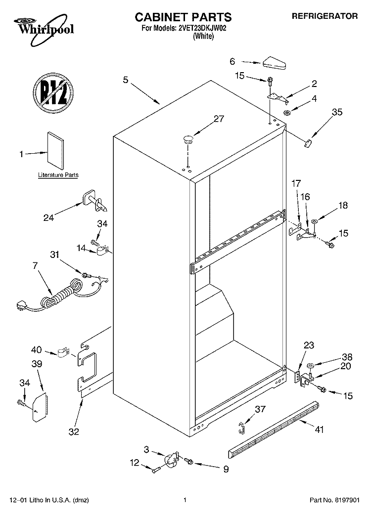 CABINET, LITERATURE Diagram and Parts List for 2VET23DKJW02  Whirlpool Refrigerator