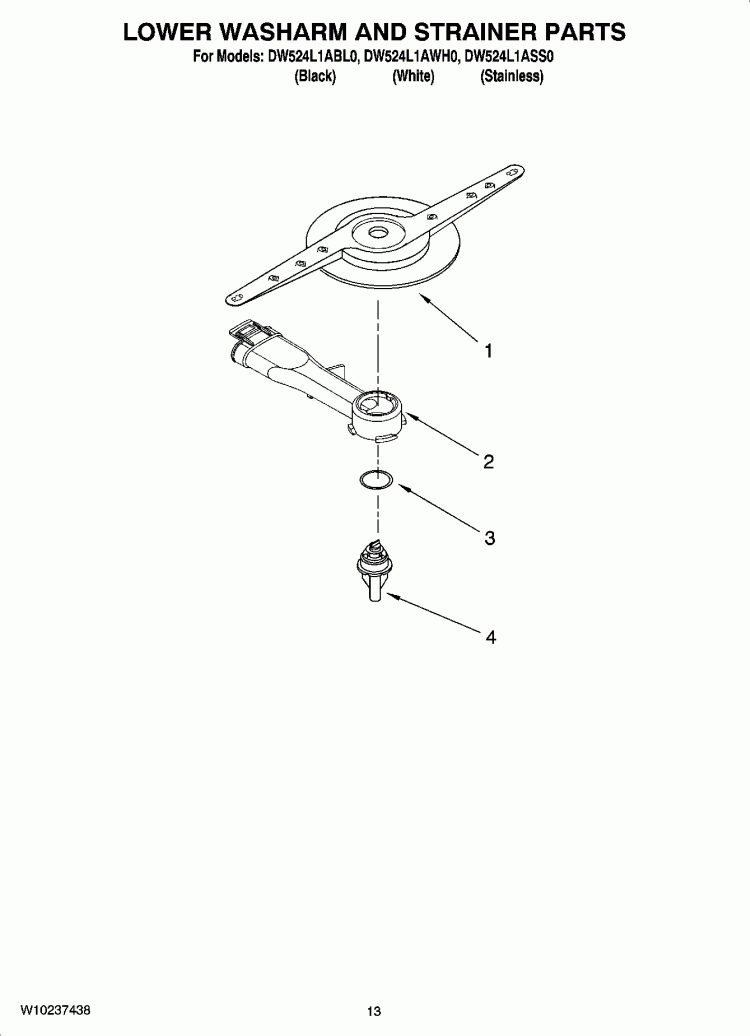 LOWER WASHARM AND STRAINER PARTS, OPTIONAL PARTS (NOT INCLUDED) Diagram and Parts List for DW524L1ABL0  Whirlpool Dishwasher