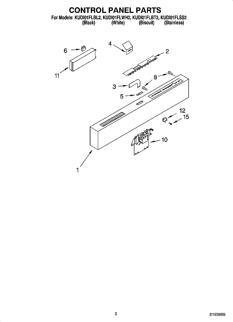 CONTROL PANEL PARTS Diagram and Parts List for KUDI01FLBT2  KitchenAid Dishwasher