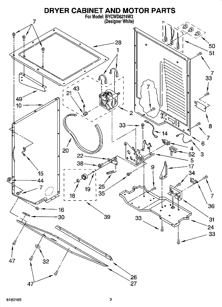 DRYER CABINET AND MOTOR PARTS Diagram and Parts List for BYCWD6274W3  Crosley Washer Dryer Combo