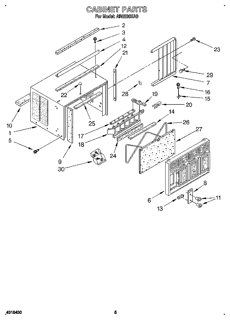 CABINET Diagram and Parts List for AR0500XA0  Whirlpool Air Conditioner