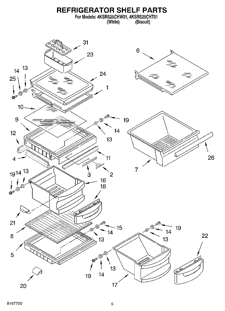 REFRIGERATOR SHELF Diagram and Parts List for 4KSRS25CHW01  KitchenAid Refrigerator