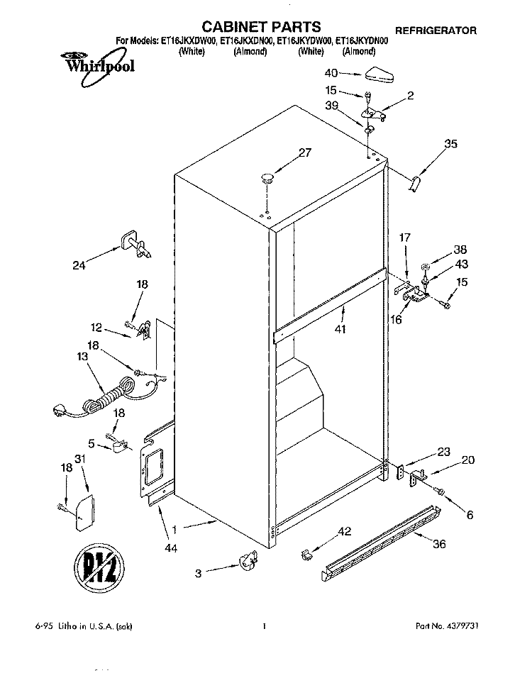 CABINET Diagram and Parts List for ET16JKYDN00  Whirlpool Refrigerator
