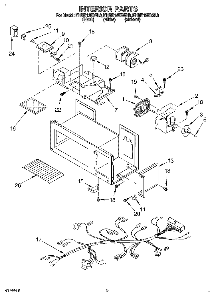 INTERIOR, LITERATURE Diagram and Parts List for KHMS105BBL0  KitchenAid Microwave