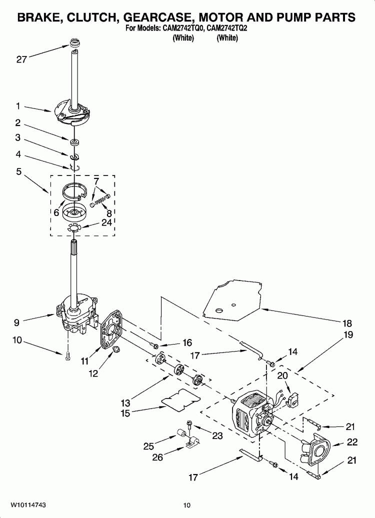 BRAKE, CLUTCH, GEARCASE, MOTOR AND PUMP PARTS Diagram and Parts List for CAM2742TQ2  Whirlpool Washer