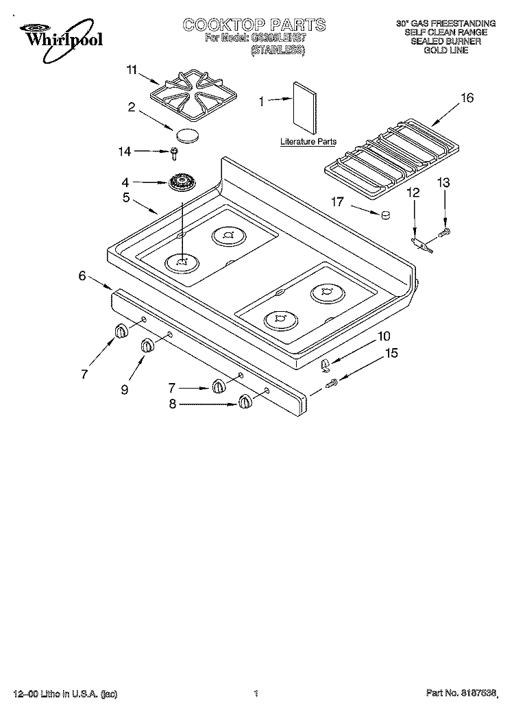 COOKTOP, LITERATURE Diagram and Parts List for GS395LEHS7  Whirlpool Range