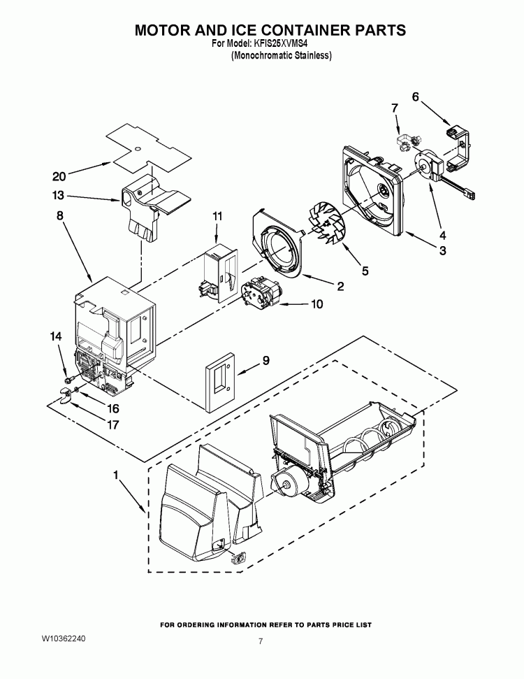 MOTOR AND ICE CONTAINER PARTS Diagram and Parts List for KFIS25XVMS4  KitchenAid Refrigerator