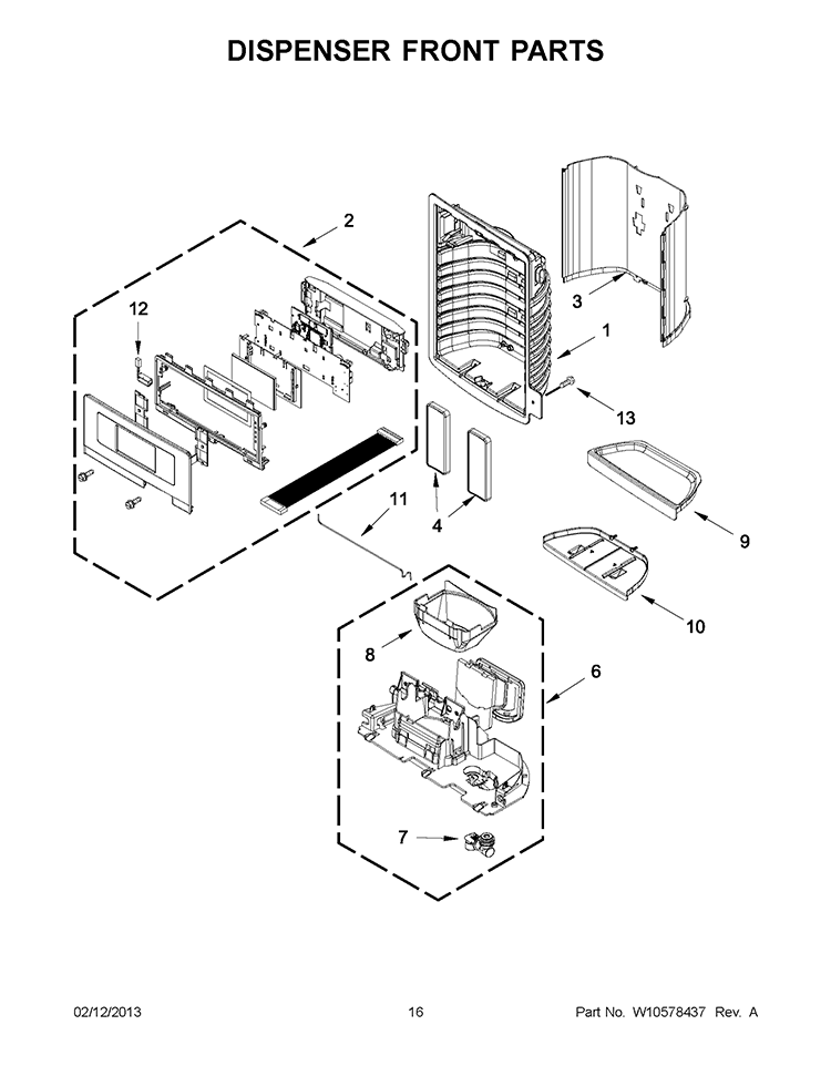 DISPENSER FRONT PARTS Diagram and Parts List for 5VGI6FARAF01  Whirlpool Refrigerator