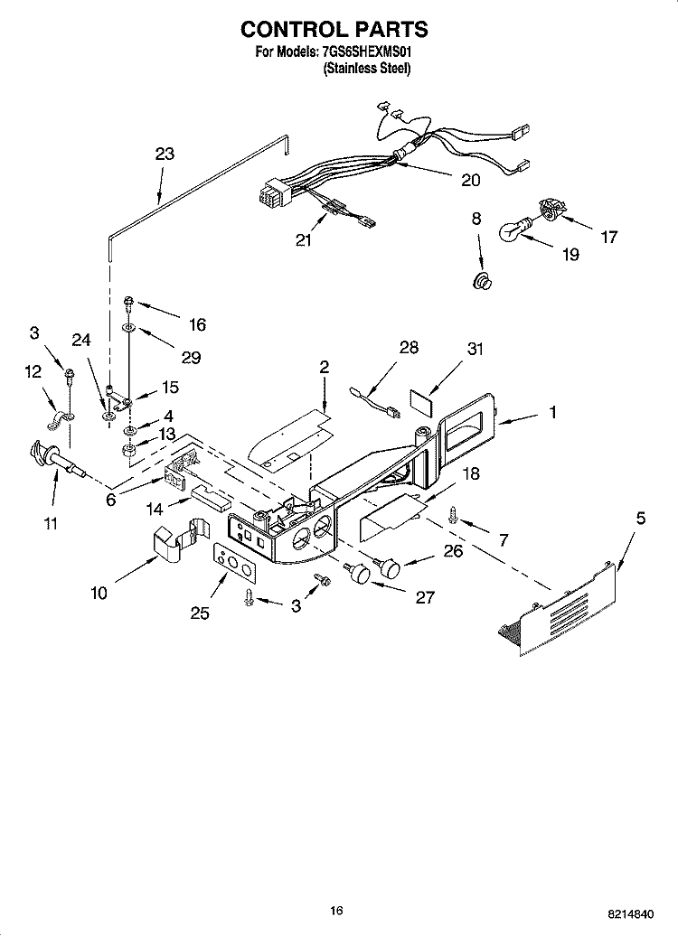 CONTROL PARTS Diagram and Parts List for 7GS6SHEXMS01  Whirlpool Refrigerator