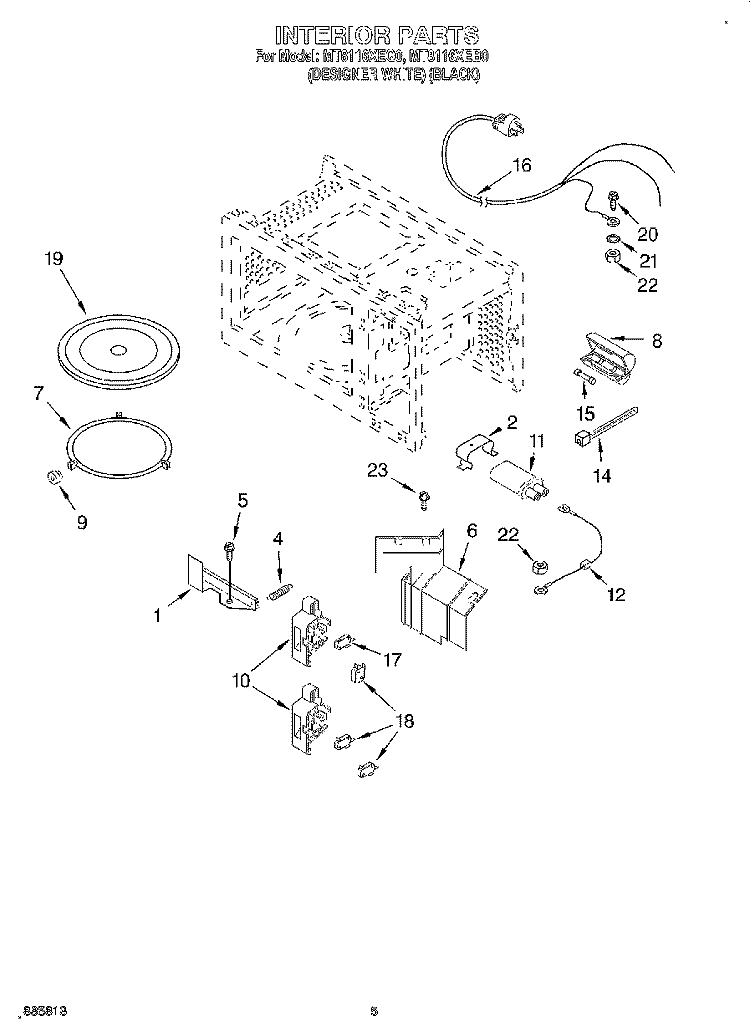 INTERIOR Diagram and Parts List for MT8116XEB0  Whirlpool Microwave
