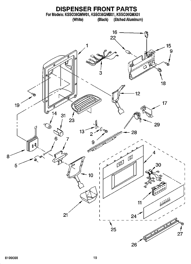 DISPENSER AND FRONT PARTS Diagram and Parts List for KSSO36QMB01  KitchenAid Refrigerator