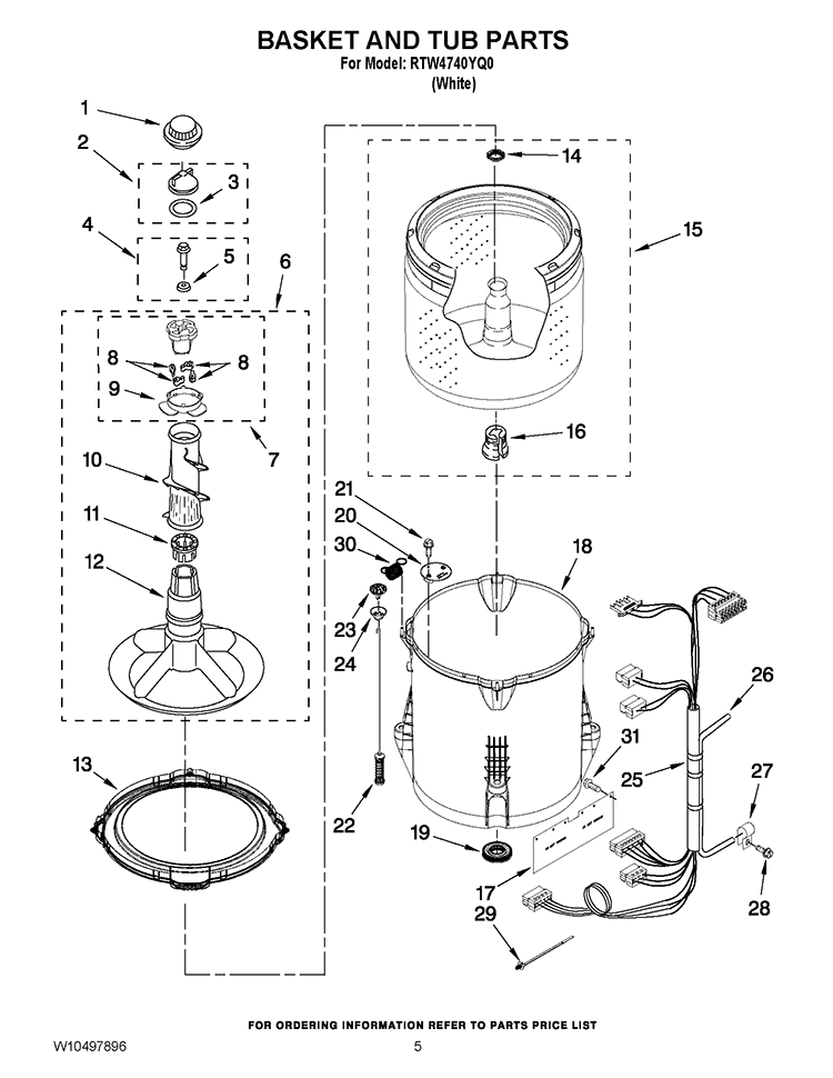 BASKET AND TUB PARTS Diagram and Parts List for RTW4740YQ0  Roper Washer