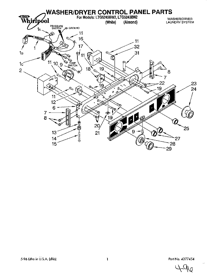 WASHER/DRYER CONTROL PANEL Diagram and Parts List for LTG5243BN2  Whirlpool Washer Dryer Combo