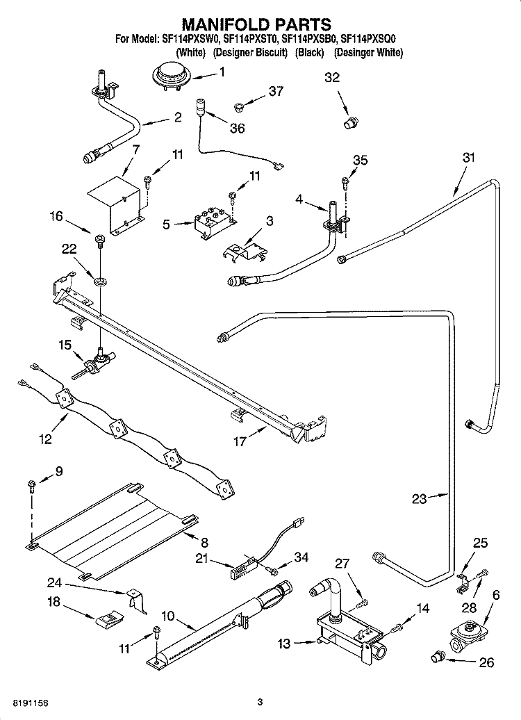 MANIFOLD PARTS Diagram and Parts List for SF114PXST0  Whirlpool Range