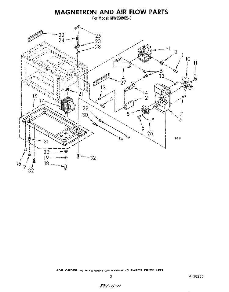 MAGNETRON AND AIR FLOW Diagram and Parts List for MW3500XS0  Whirlpool Microwave