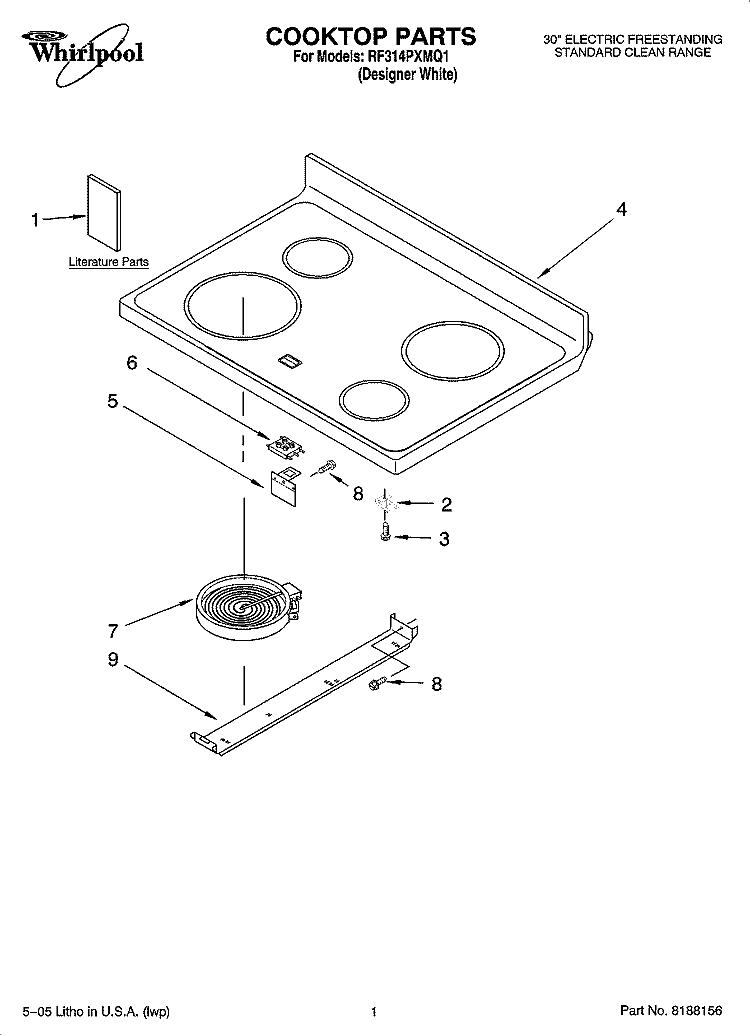 COOKTOP PARTS Diagram and Parts List for RF314PXMQ1  Whirlpool Range