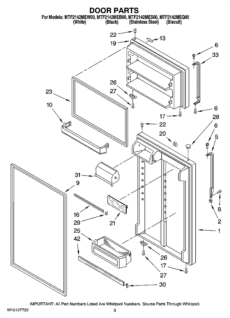 DOOR PARTS Diagram and Parts List for MTF2142MES00  Whirlpool Refrigerator