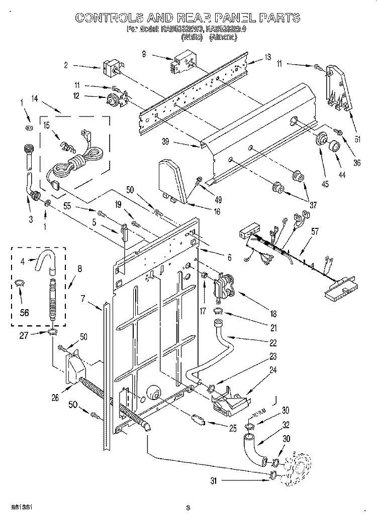 CONTROLS AND REAR PANEL Diagram and Parts List for RAB5232EW0  Roper Washer