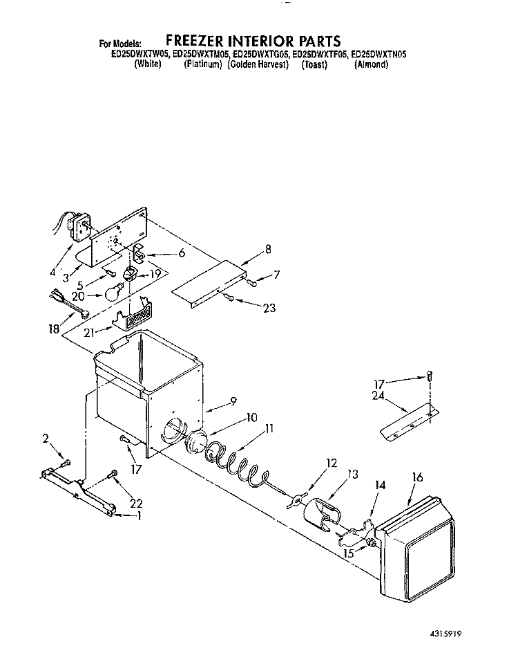 FREEZER INTERIOR Diagram and Parts List for ED25DWXTW05  Whirlpool Refrigerator