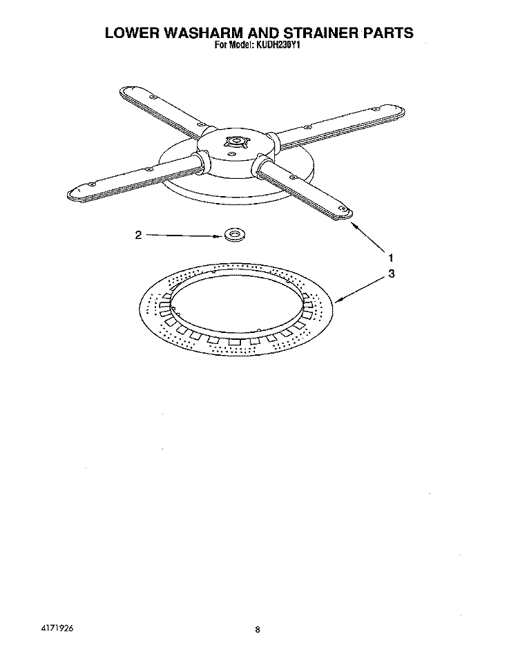 LOWER WASHARM AND STRAINER Diagram and Parts List for KUDH230Y1  KitchenAid Dishwasher