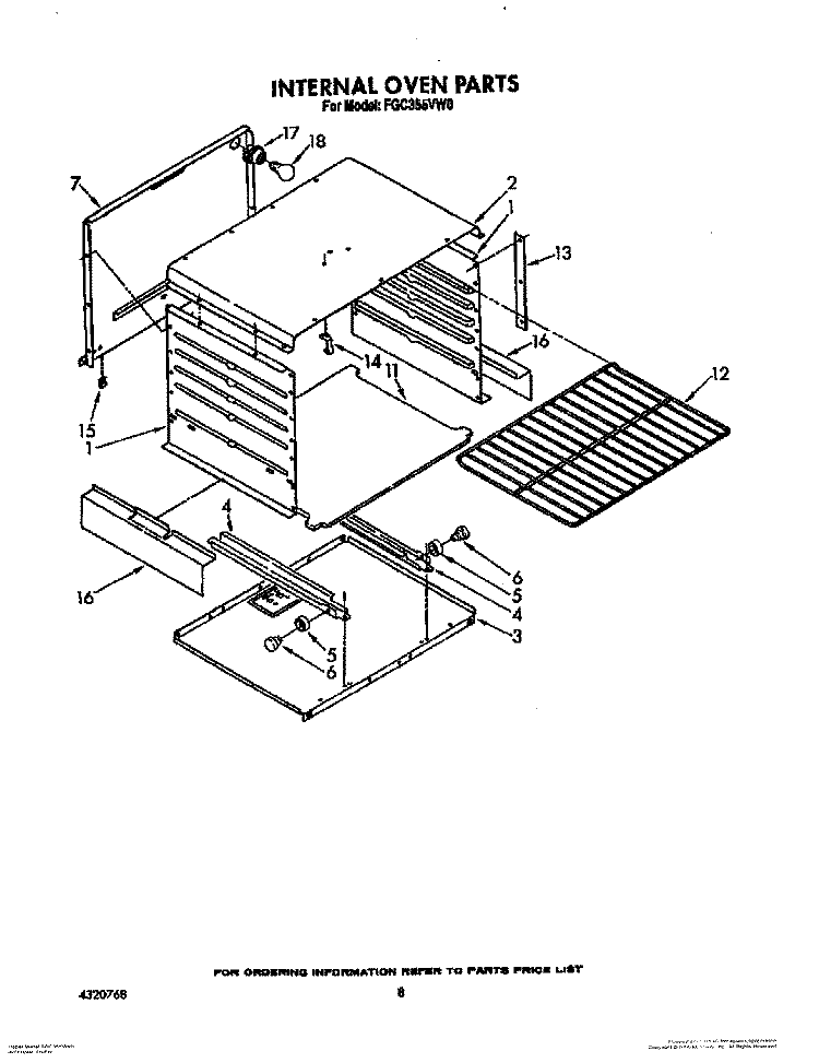 INTERNAL OVEN Diagram and Parts List for FGC355VW0  Roper Range