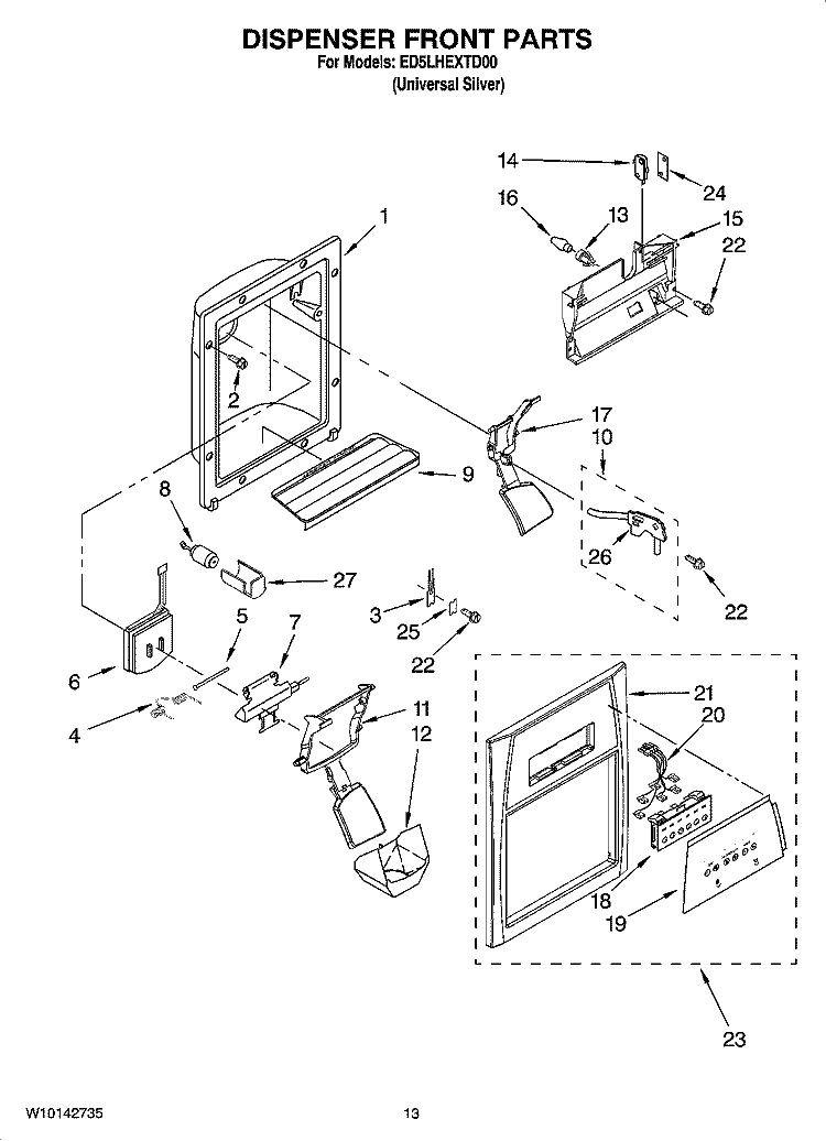 DISPENSER FRONT PARTS Diagram and Parts List for ED5LHEXTD00  Whirlpool Refrigerator