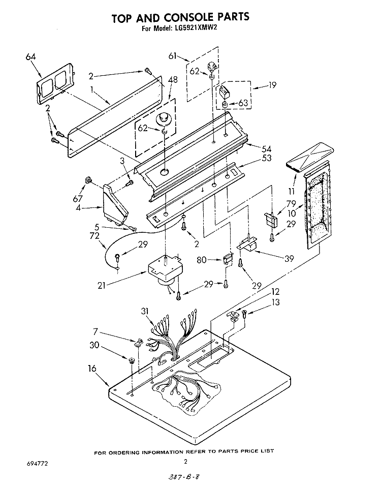TOP AND CONSOLE , LITERATURE AND OPTIONAL Diagram and Parts List for LG5921XMW2  Whirlpool Dryer