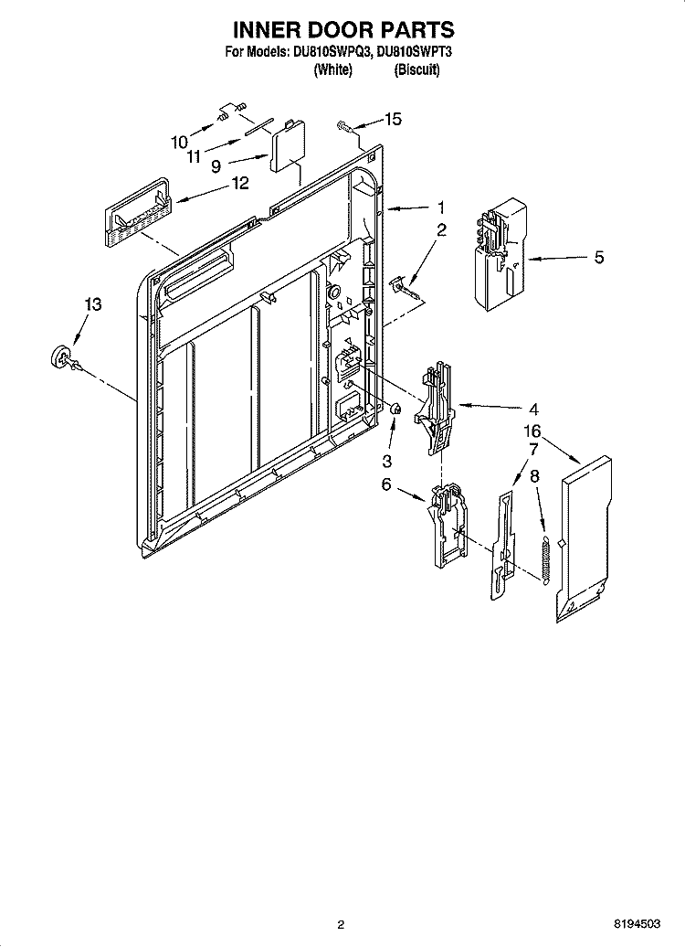 INNER DOOR PARTS Diagram and Parts List for DU810SWPT3  Whirlpool Dishwasher