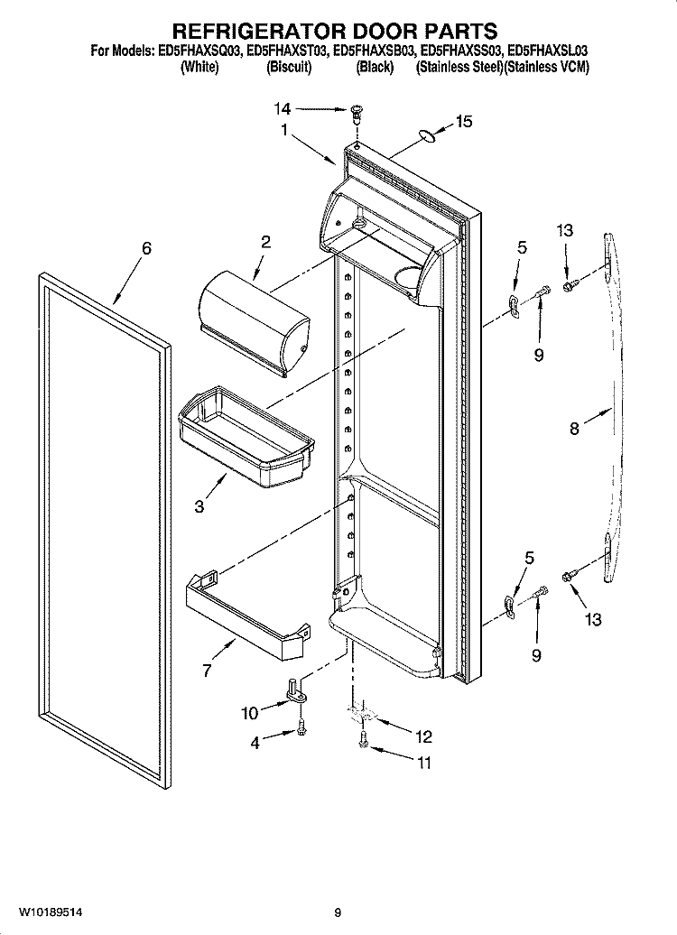 REFRIGERATOR DOOR PARTS Diagram and Parts List for ED5FHAXSQ03  Whirlpool Refrigerator