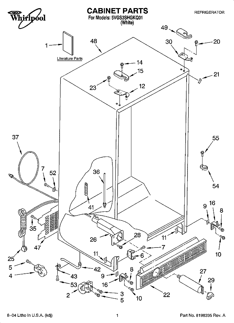 CABINET PARTS Diagram and Parts List for 5VGS3SHGKQ01  Whirlpool Refrigerator