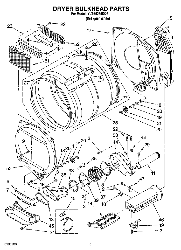 DRYER BULKHEAD PARTS Diagram and Parts List for YLTE6234DQ5  Whirlpool Washer Dryer Combo