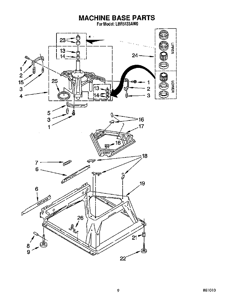 MACHINE BASE Diagram and Parts List for LBR5133AW0  Whirlpool Washer