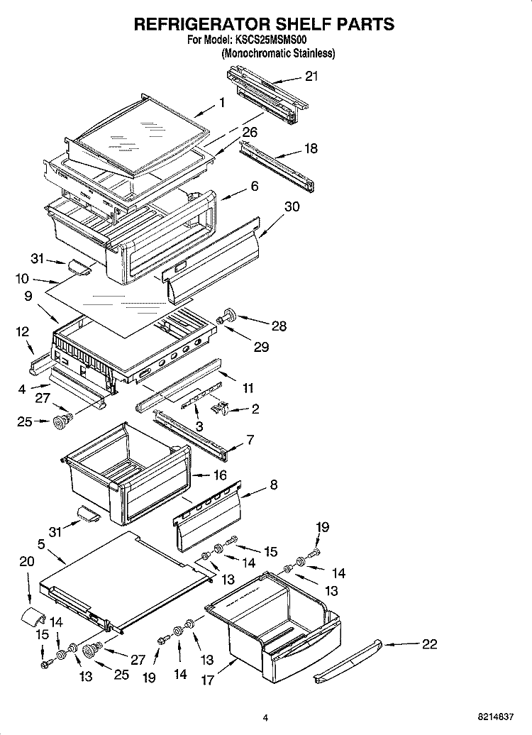 REFRIGERATOR SHELF PARTS Diagram and Parts List for KSCS25MSMS00  KitchenAid Refrigerator