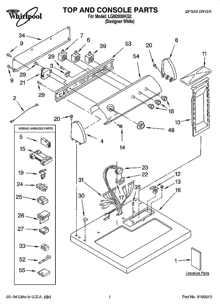 TOP AND CONSOLE PARTS OPTIONAL PARTS (NOT INCLUDED) Diagram and Parts List for LGN2000KQ2  Whirlpool Dryer