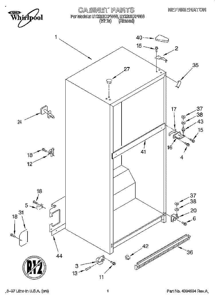 CABINET Diagram and Parts List for ET22DKXFW00  Whirlpool Refrigerator
