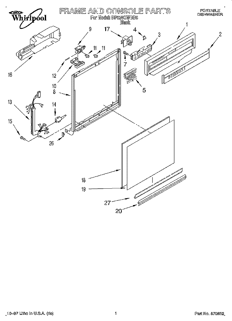 FRAME AND CONSOLE Diagram and Parts List for DP920QWDB6  Whirlpool Dishwasher
