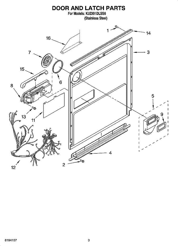 DOOR AND LATCH PARTS Diagram and Parts List for KUDI01DLSS6  KitchenAid Dishwasher